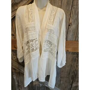 Anthropologie beige lagenlook boho whimsigoth lace accent cardigan S XS oversize